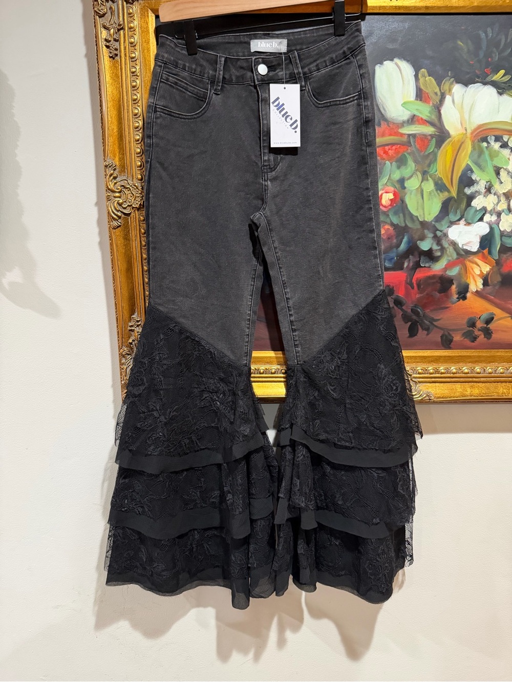 Black Lace-Tiered Flare Jeans - Women's